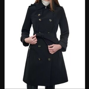 NWT LONDON FOG Womens Double-Breasted Hooded Trench Coat, Black, size 0X